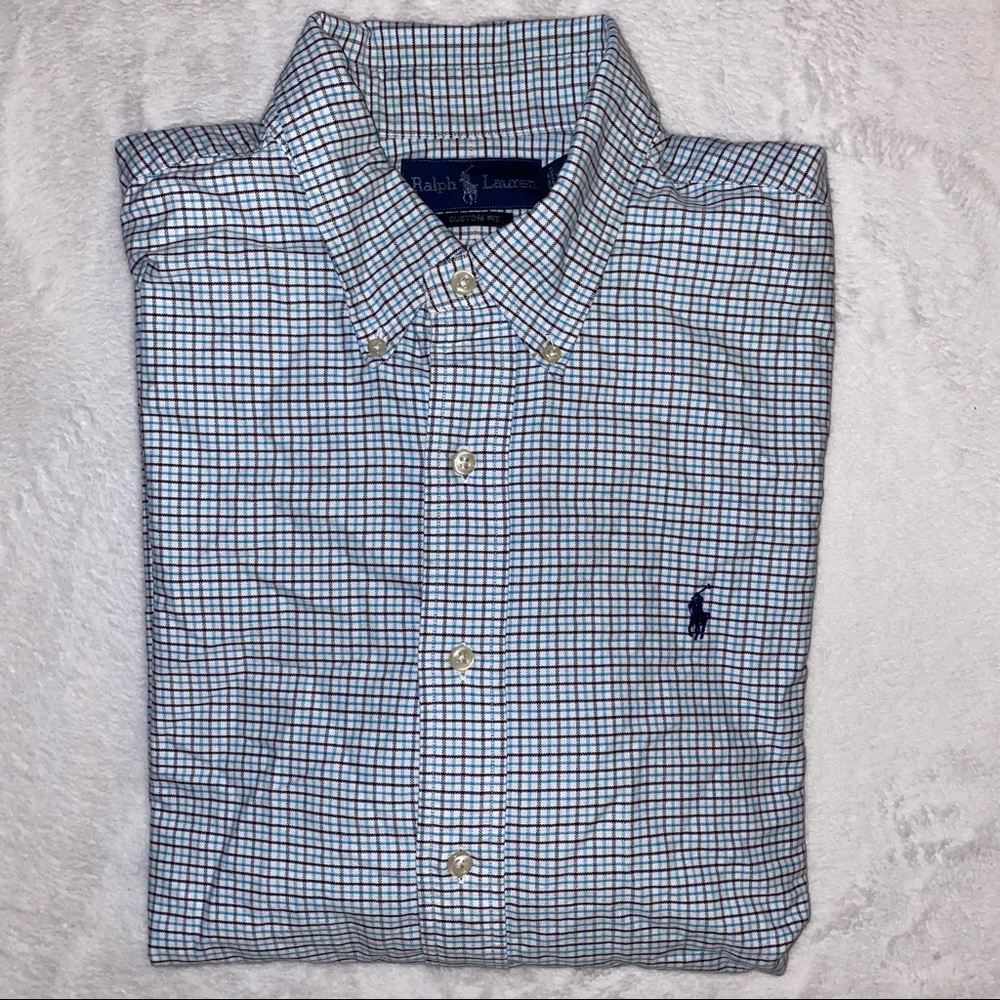 Ralph Lauren Men’s Blue, Black and White Plaid Oxford Shirt - Custom Fit